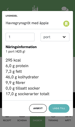 Lägg till livsmedel i kostdagboken