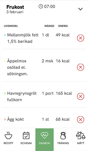 Klicka på livsmedlet för att ändra mängd.