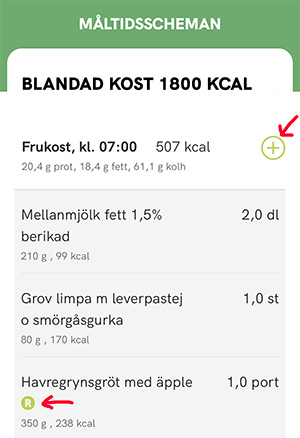 Klicka på plusset för att lägga till en måltid i kostdagboken.